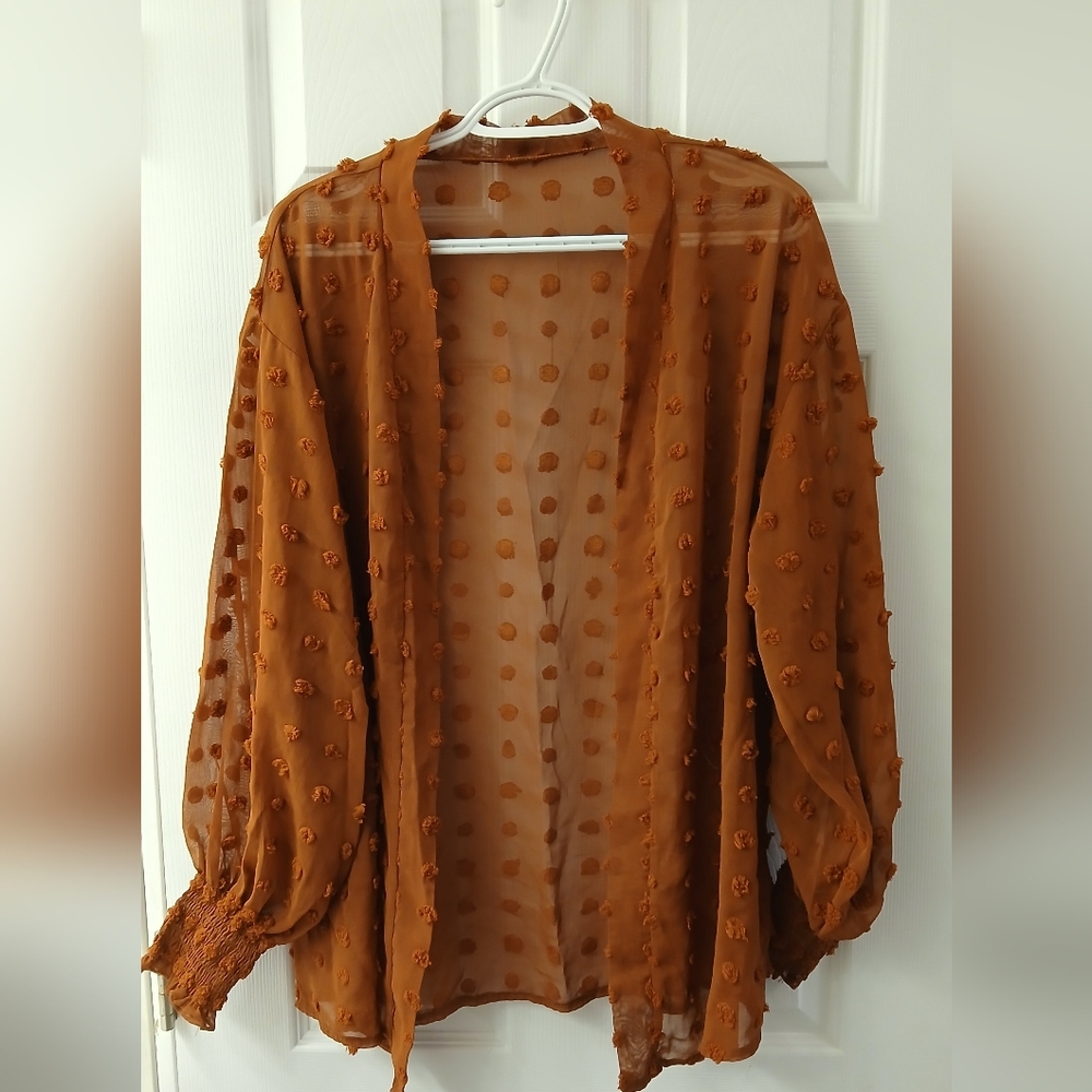 Rust Orange/Brown Open Front Sheer Cardigan with Textured Polka Dots Size Large